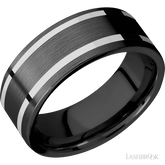 8 mm wide/Flat/Zirconium band with two 1 mm Wide inlays of 14K White Gold